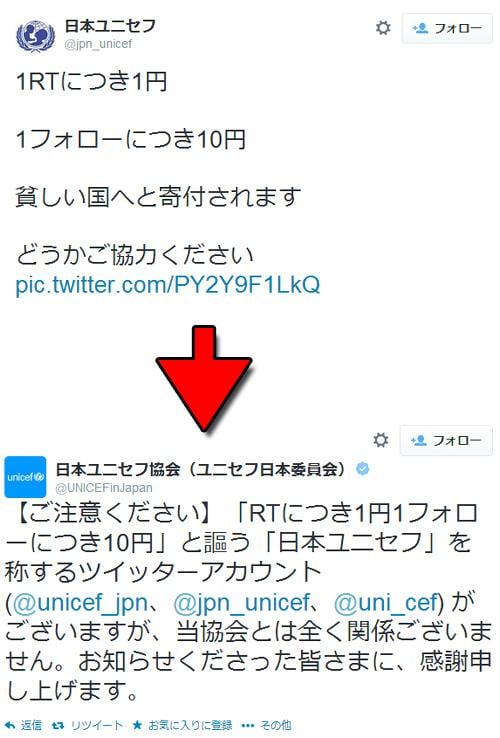 偽日本ユニセフTwitterアカウント