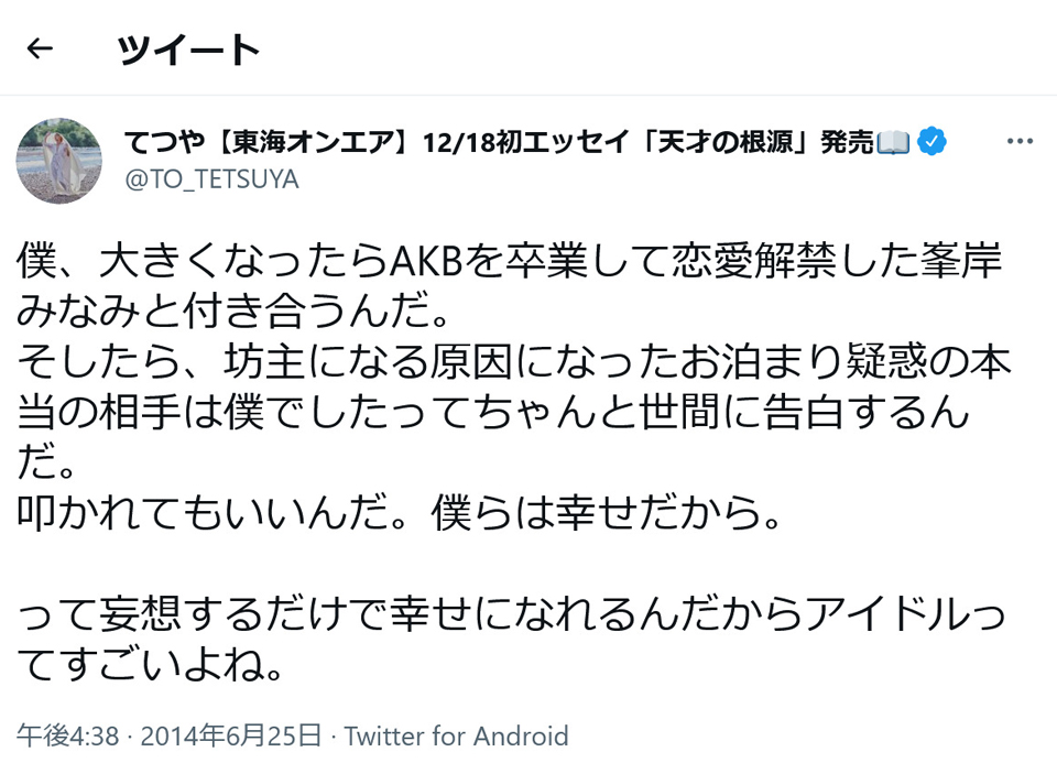 東海オンエアてつやさん 僕 大きくなったらakbを卒業して恋愛解禁した峯岸みなみと付き合うんだ 14年の 妄想ツイート が話題に ガジェット通信 Getnews