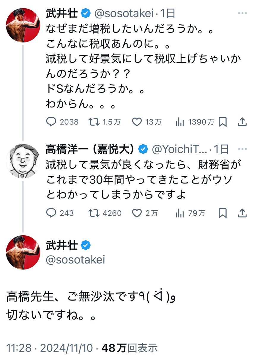 武井壮さん「減税して好景気にして税収上げちゃいかんのだろうか？？ドSなんだろうか。。」Twitter(X)での高橋洋一さんのやりとりに反響