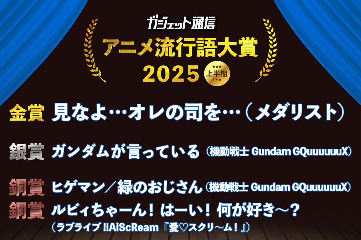 見なよ…とガンダムが言っている『ガジェット通信 アニメ流行語大賞2025上半期』決定『メダリスト』『GQuuuuuuX』世界的大ブーム「何が好き～？」AiScReamが受賞