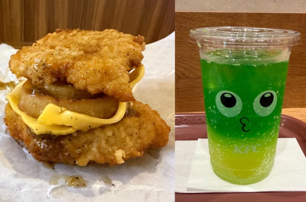 【グルメ】バンズではなくチキンではさむ！？ケンタッキー「ダブルダウンフィレバーガー」を食べてみた　けんすうさんに似てる「ちゅる～りぃ」も飲んでみた